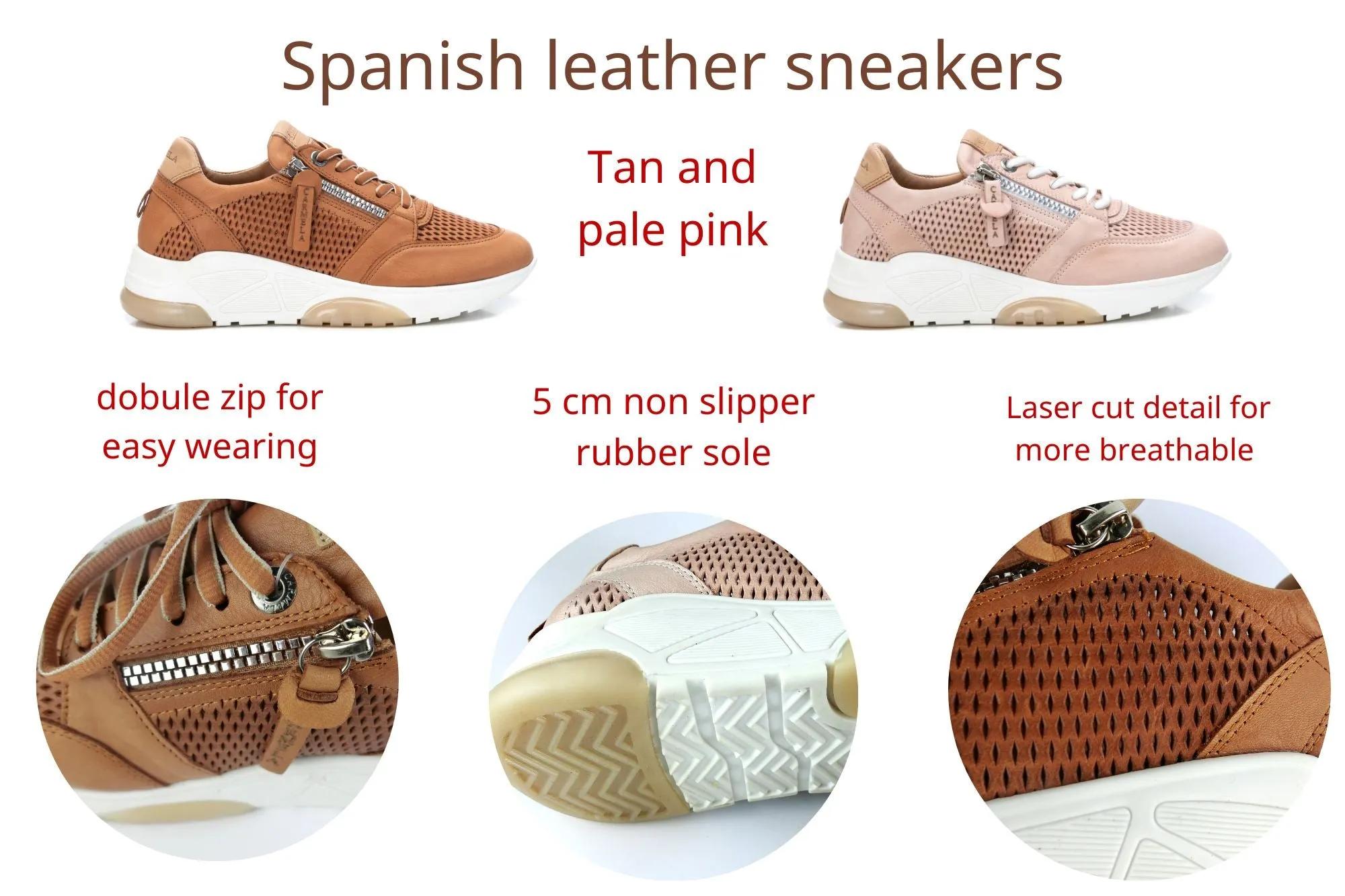 68247 Spanish Collection genuine leather sneakers with laser cut detail and zips