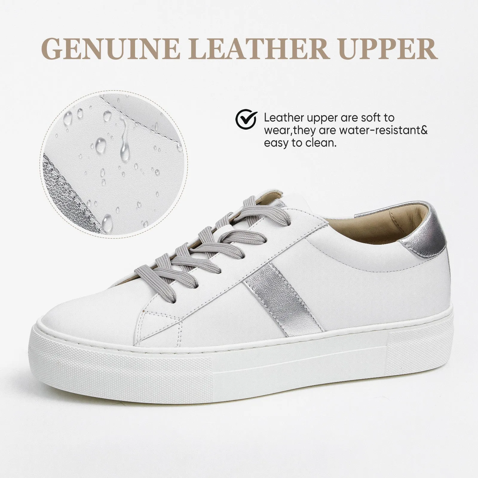 AiciBerllucci  White /Silver Calfskin Leather Upper & Cowhide Leather Lining-ZOY1-Women's Low-top Casual Fashion Sneakers Comfortable Authentic Leather Sneakers Breathable Lace Up Non-Slip Memory Foam Silver