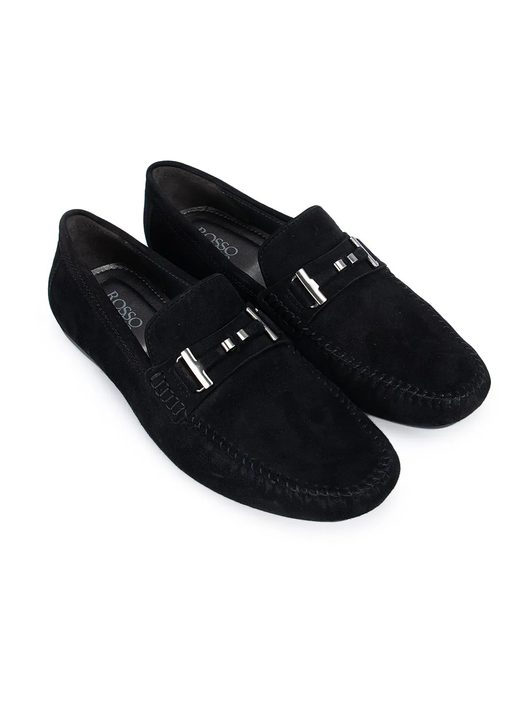 Black Suede Moccasins With Metal Buckle