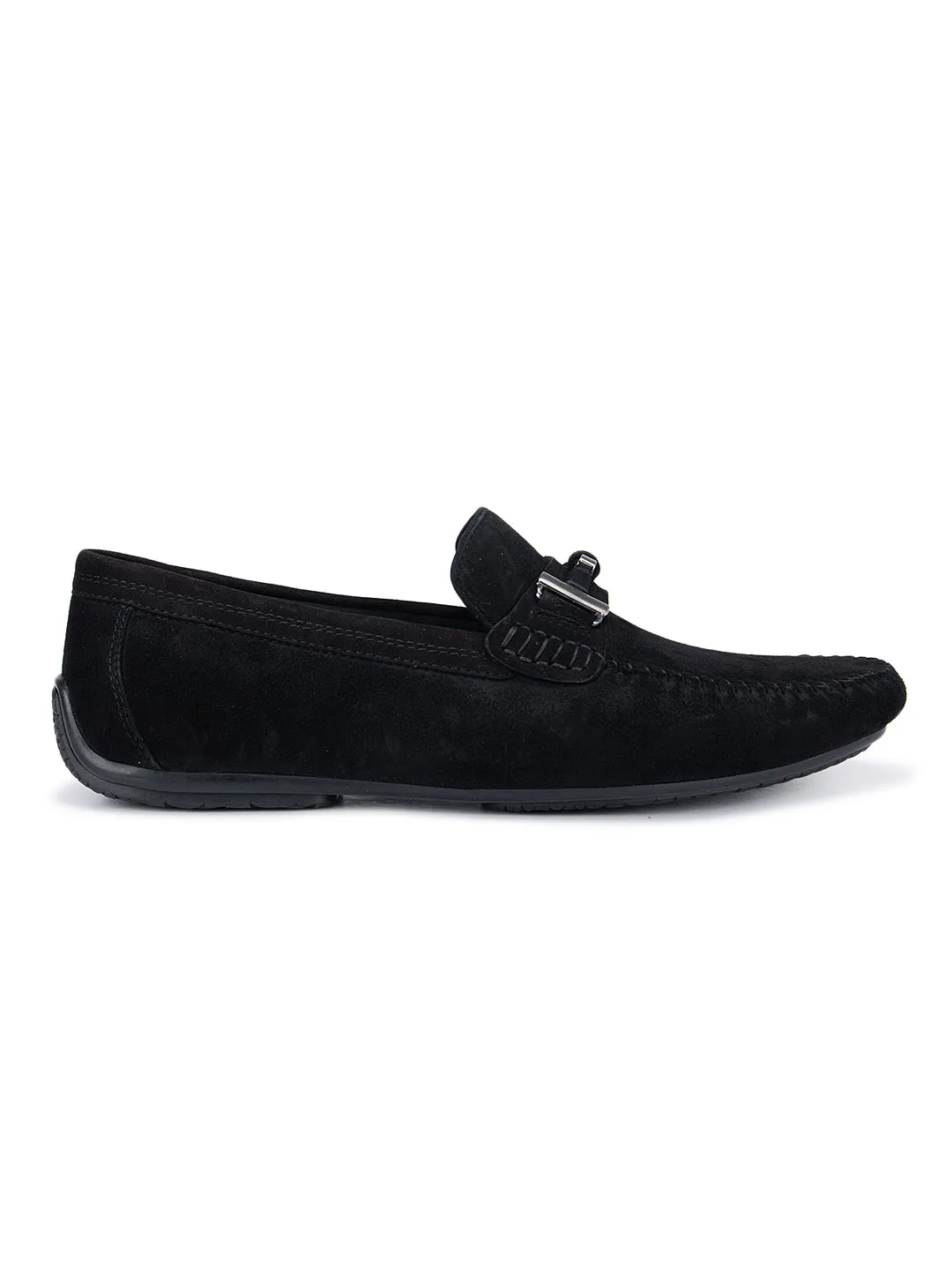 Black Suede Moccasins With Metal Buckle