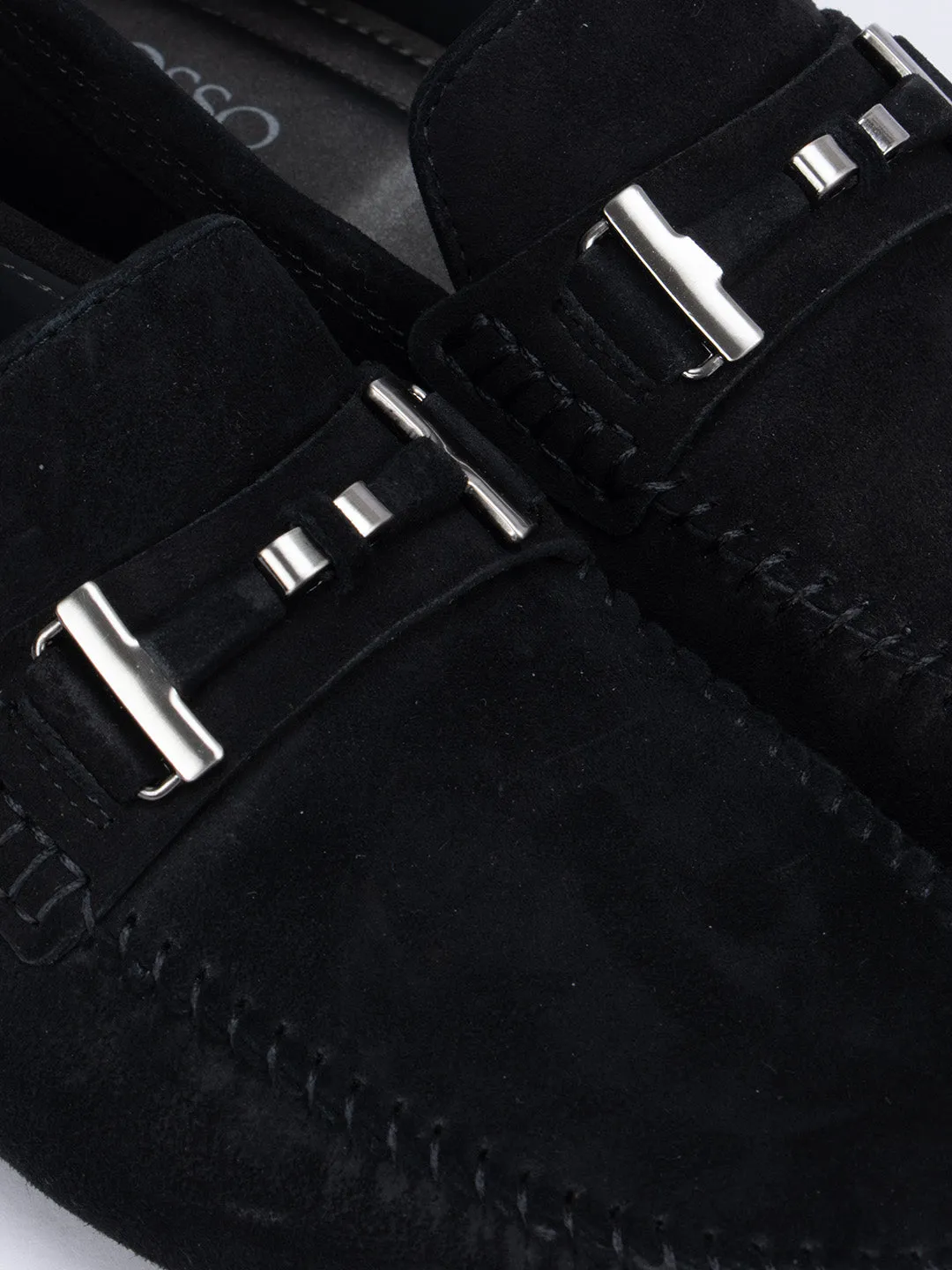 Black Suede Moccasins With Metal Buckle