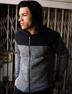 Crestfield Block Panel Zip Through Hoodie in Black / Grey Space Dye - Dissident