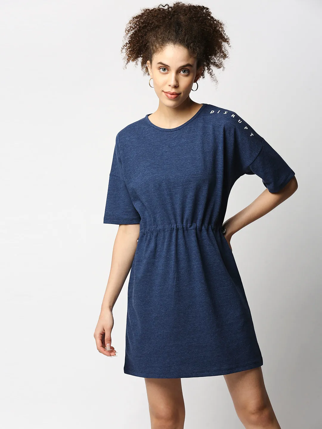 Disrupt Women's Toggle Waist Blue Jacquard Dress With Print