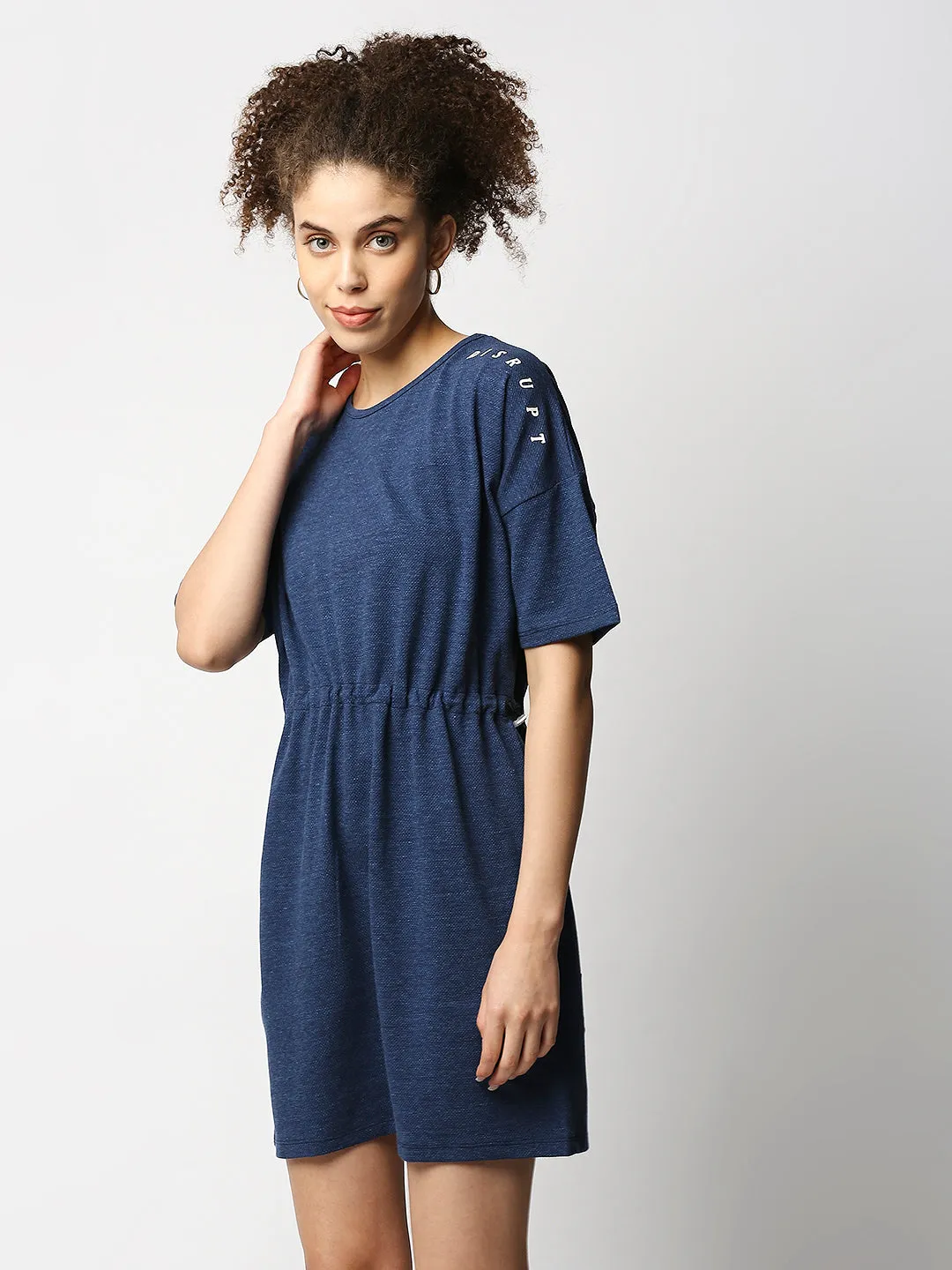 Disrupt Women's Toggle Waist Blue Jacquard Dress With Print