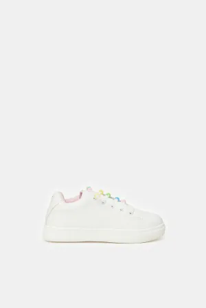 Girls White Beads Sneakers