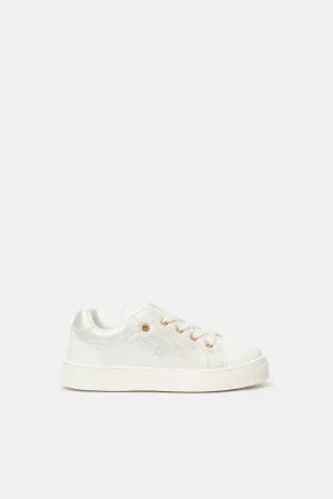 Girls White Lace-Up Sneakers