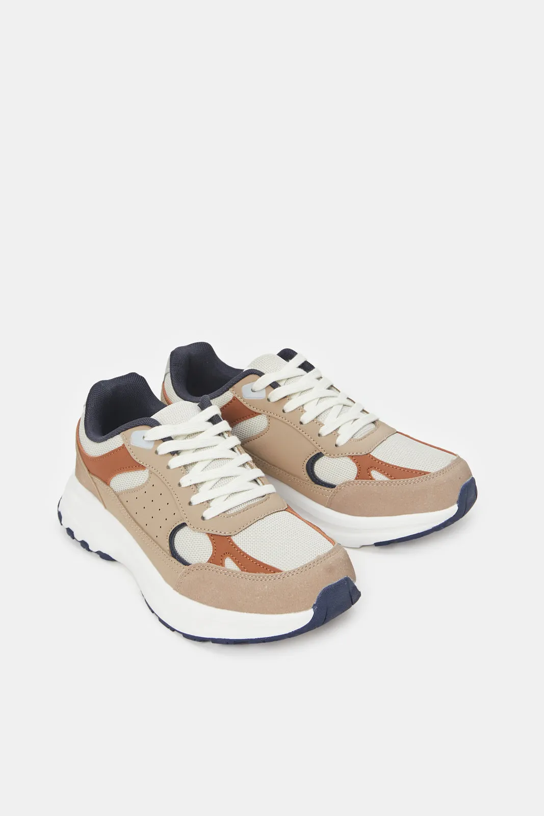 Men Beige Colour Block Trainers