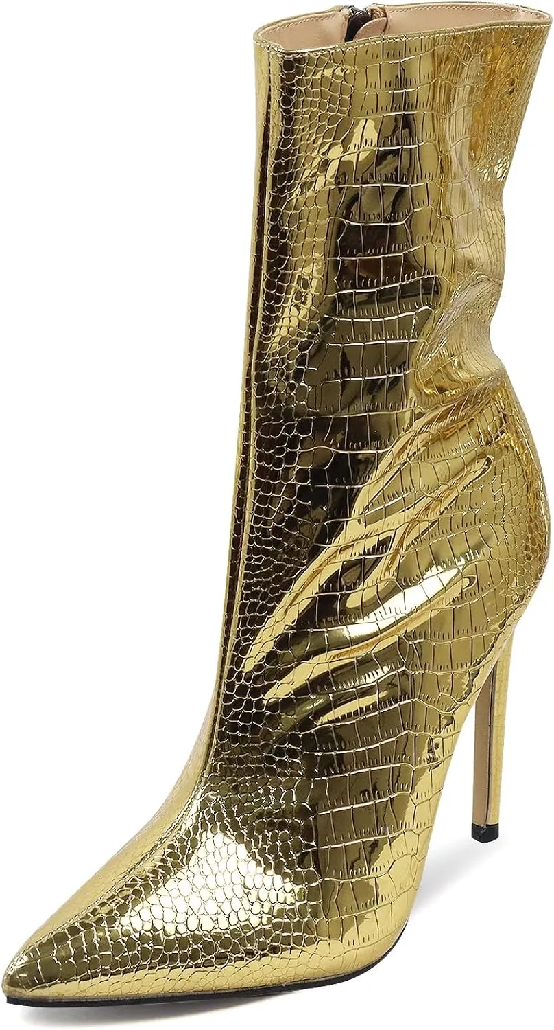 Metallic Gold Stone Pattern Leather Ankle Boots