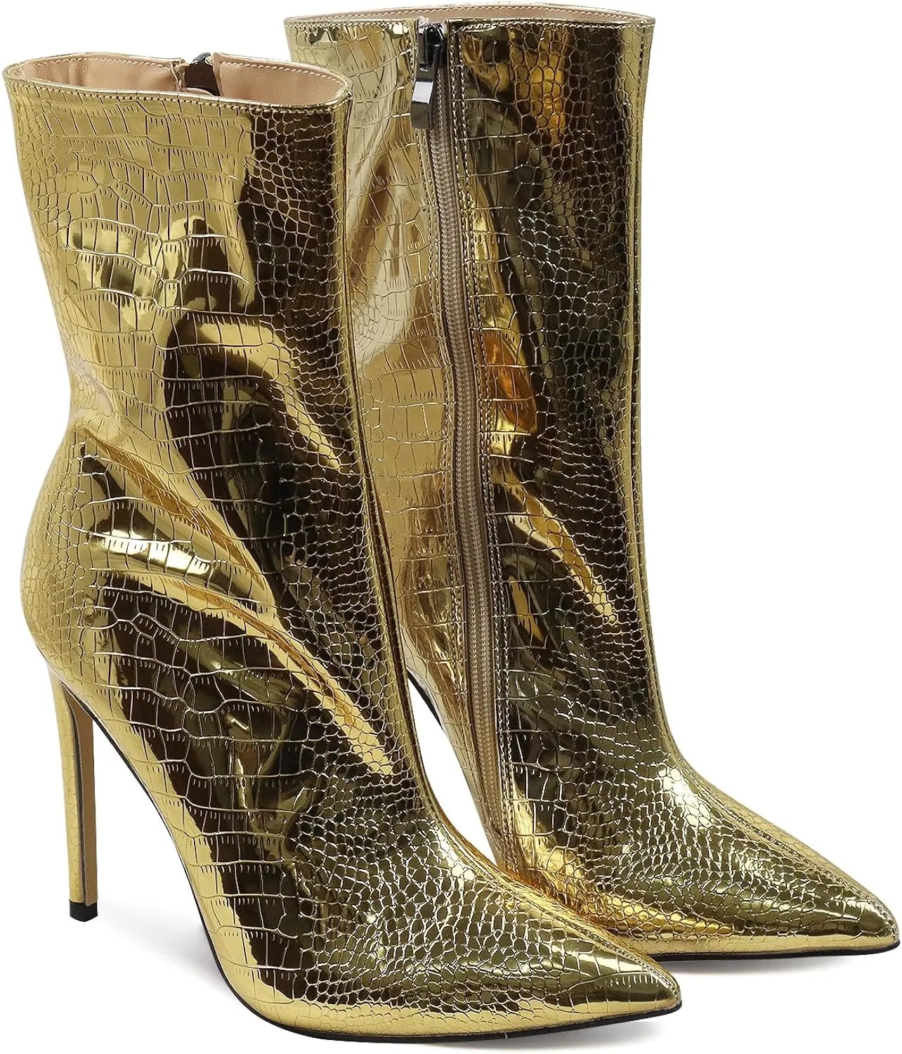 Metallic Gold Stone Pattern Leather Ankle Boots