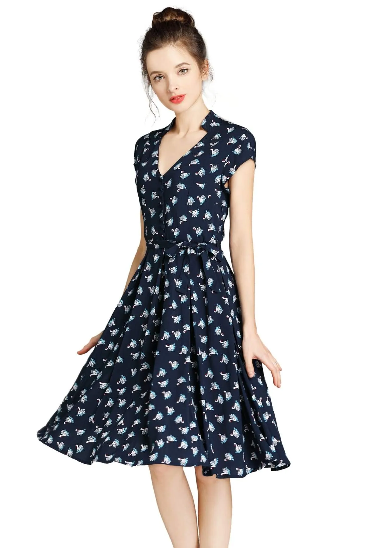 Navy Standing Collar V Neck Floating Swan Pleated Dress with Pockets