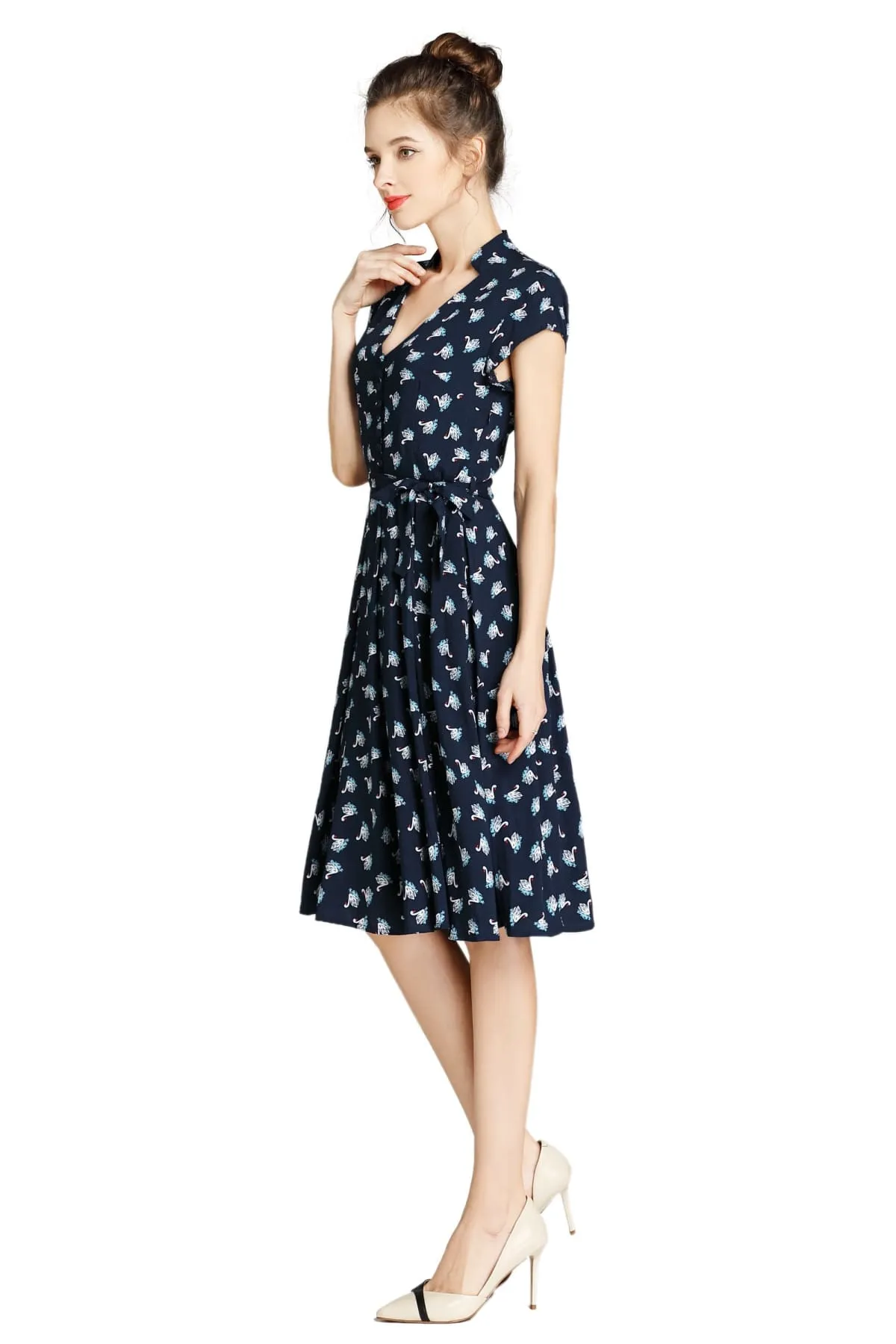 Navy Standing Collar V Neck Floating Swan Pleated Dress with Pockets