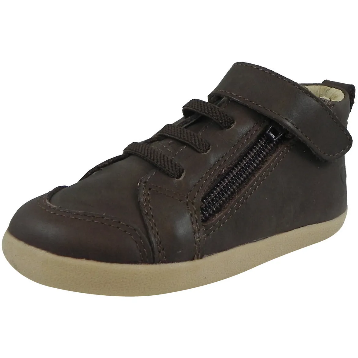 Old Soles Boy's 369 Brown Sure Step Leather Zip Up Stretch Lace Sneakers