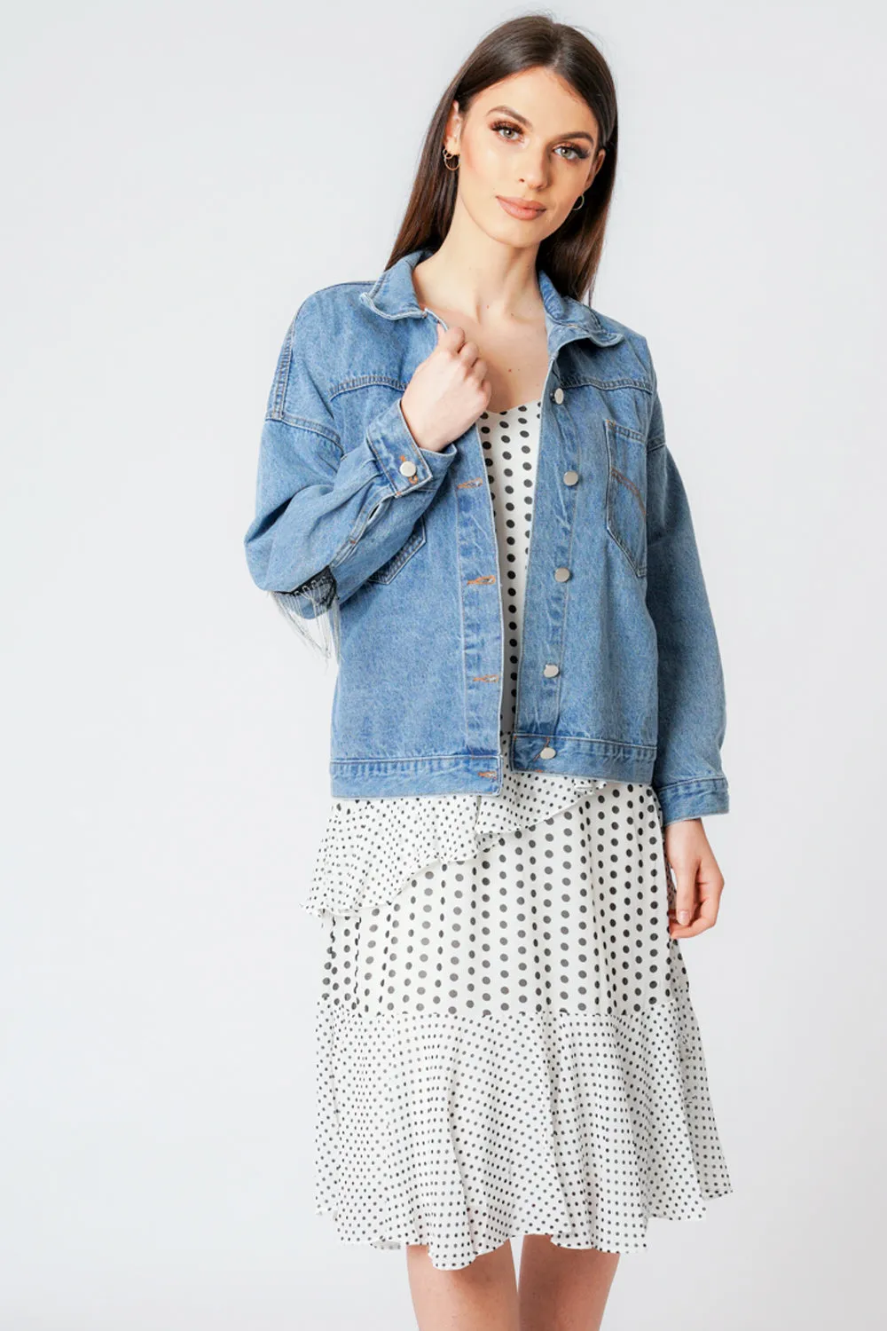 Oversized Denim Blue Beaded Fringe Button Up Jacket