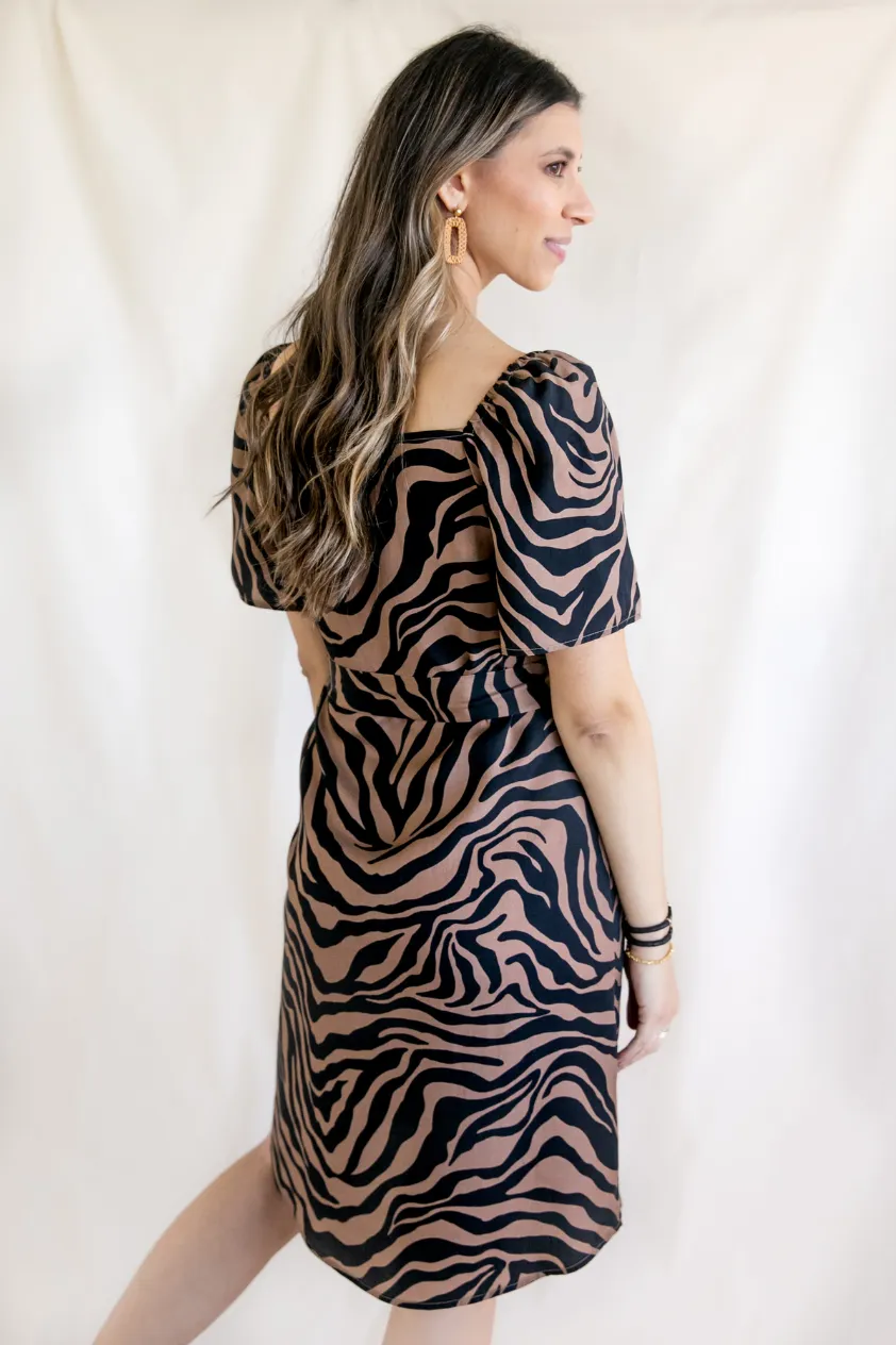 Zandra Lyocell Zebra Print Square Neck Midi Dress